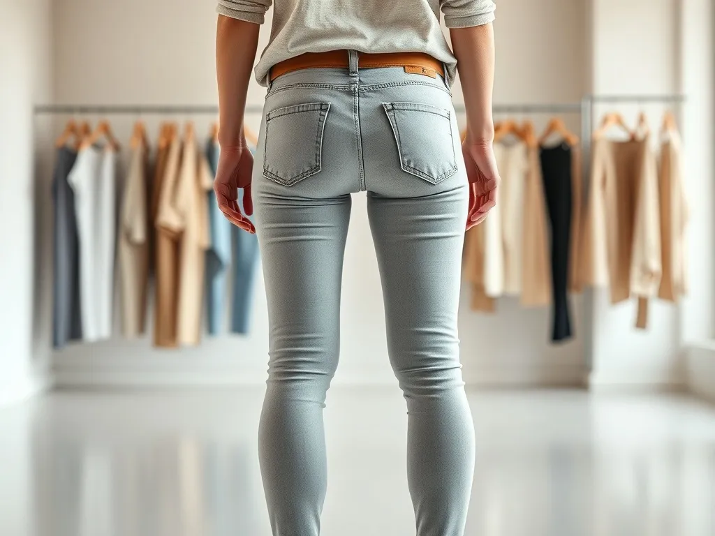 Osoba w dopasowanych jeansach skinny w jasnym studio, prezentująca wysmuklającą sylwetkę i zrównoważone proporcje kroju.