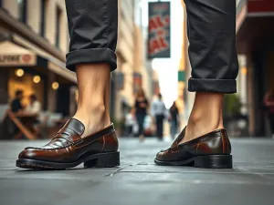 Stylowe skórzane mokasyny z chinosami i gołą kostką na miejskim chodniku, przykład eleganckiego, casualowego looku