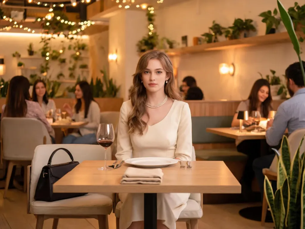 Młoda kobieta w eleganckiej midi sukience siedzi przy stoliku w przytulnej restauracji, goście w tle ubrani smart casual.