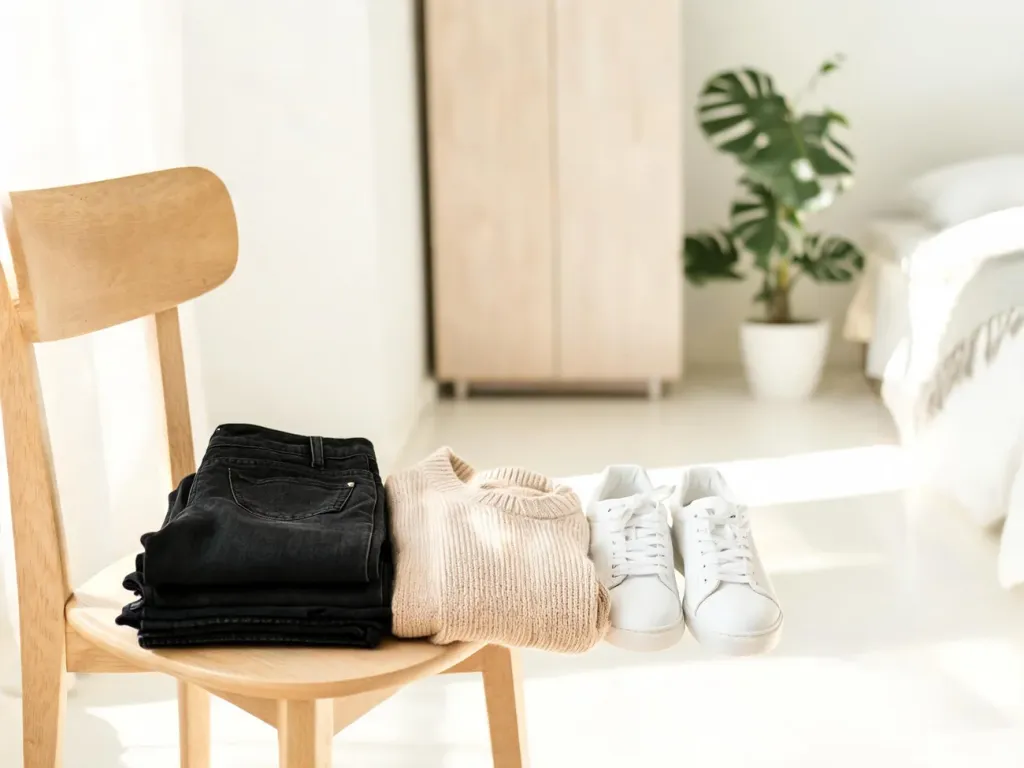 Czarne rurki zestawione z białymi sneakersami i beżowym swetrem w jasnej, minimalistycznej sypialni w stylu skandynawskim.