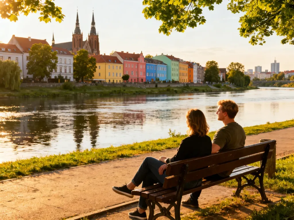 Para odpoczywa na ławce nad Odrą w Opolu, podziwiając kolorowe kamienice i spokojną nadrzeczną promenadę, no text on the picture