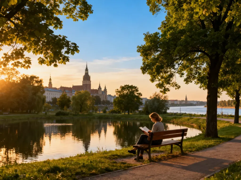 Kobieta czyta na ławce nad stawem w zielonym parku w Szczecinie, z widokiem na historyczną zabudowę i Odrę, no text on the picture